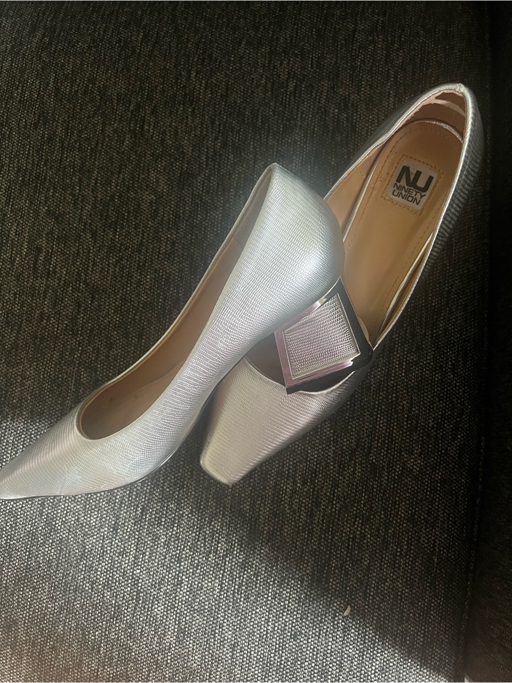 Nine West Silver Pointed Toe Pumps with Geometric Buckle